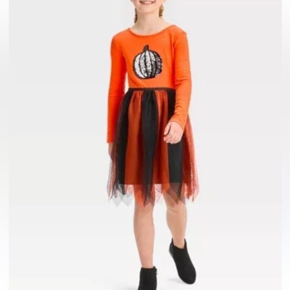 Cat & Jack Girls Orange & Black HalloweenTulle Flip Sequin Pumpkin Dress Medium
